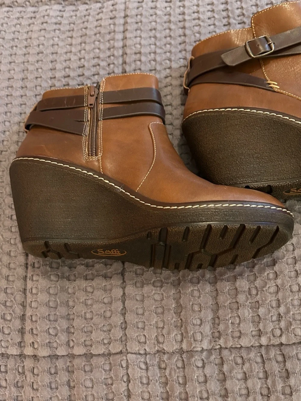 Sofft Cognac Wedge Ankle Boots with Buckle Wrap - Picture 5 of 12